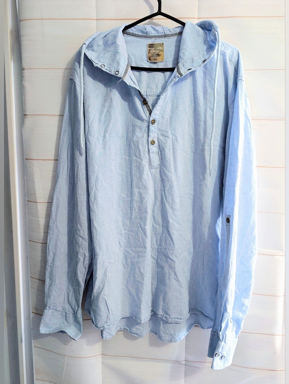 Point Zero Light Blue 🩵 Linen Cotton Mix Long Sleeve Hooded Shirt Size XXL
